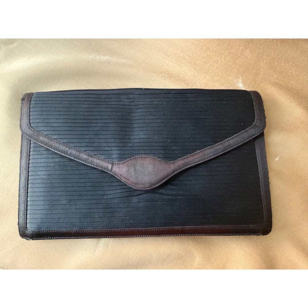 Lederer de Paris Vintage Black Pleated Silk Envelope Clutch Brown Leather Trim